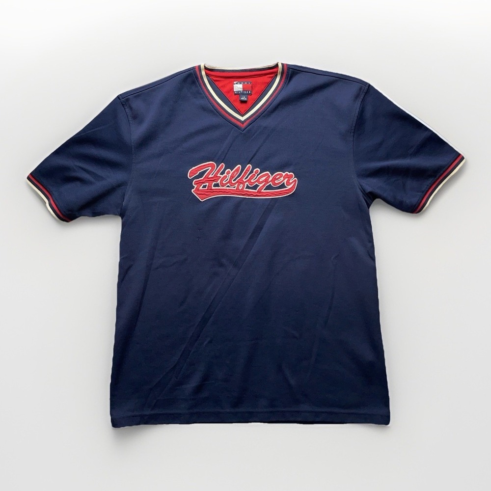 Vintage Tommy Hilfiger Y2K Baseball Jersey Shirt Mens Medium Blue Embroidered